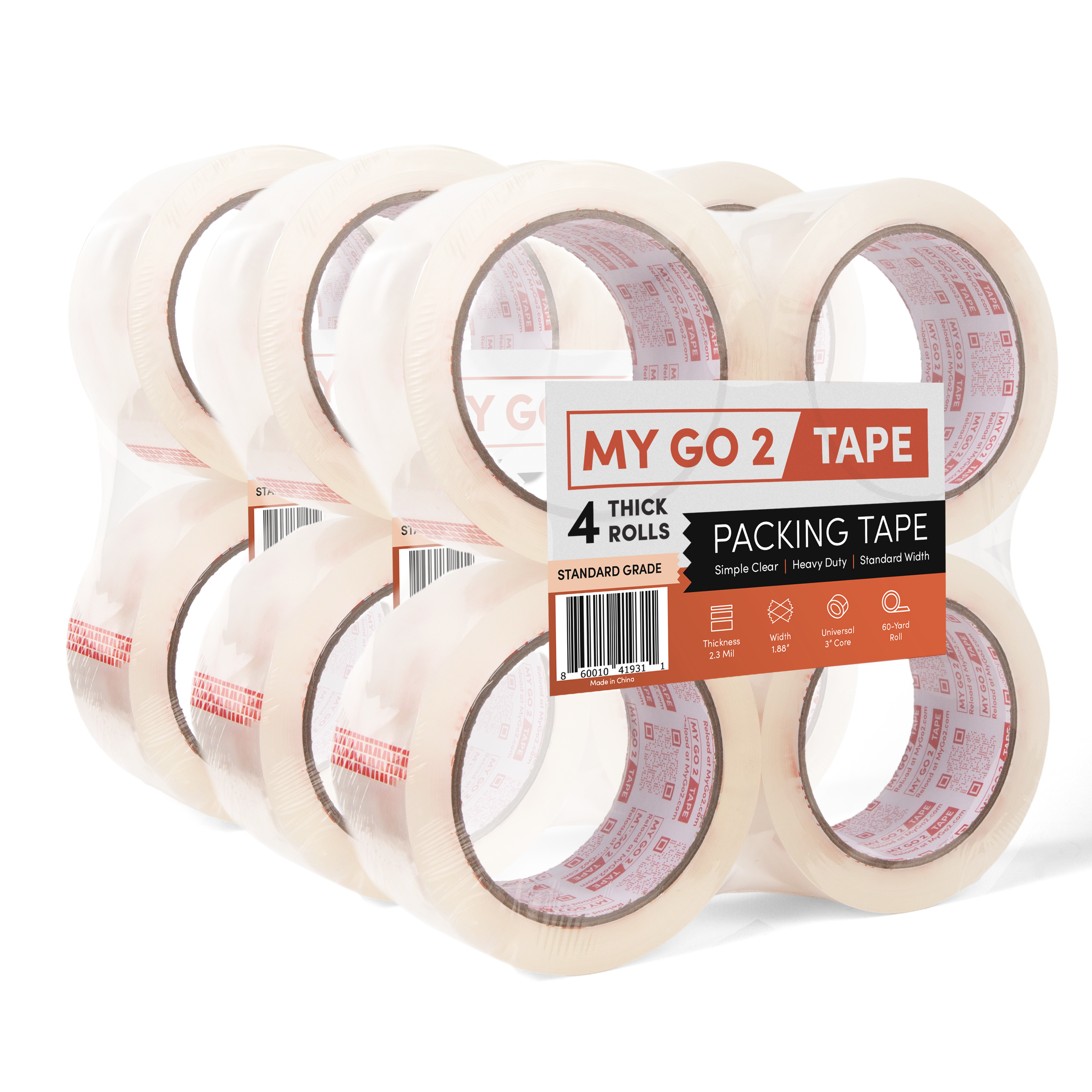MY GO 2 Tape 12-Pack Clear Standard Grade Packing Tape - 2.3 Mil Thick, 1.88" Wide, 60 Yard Rolls