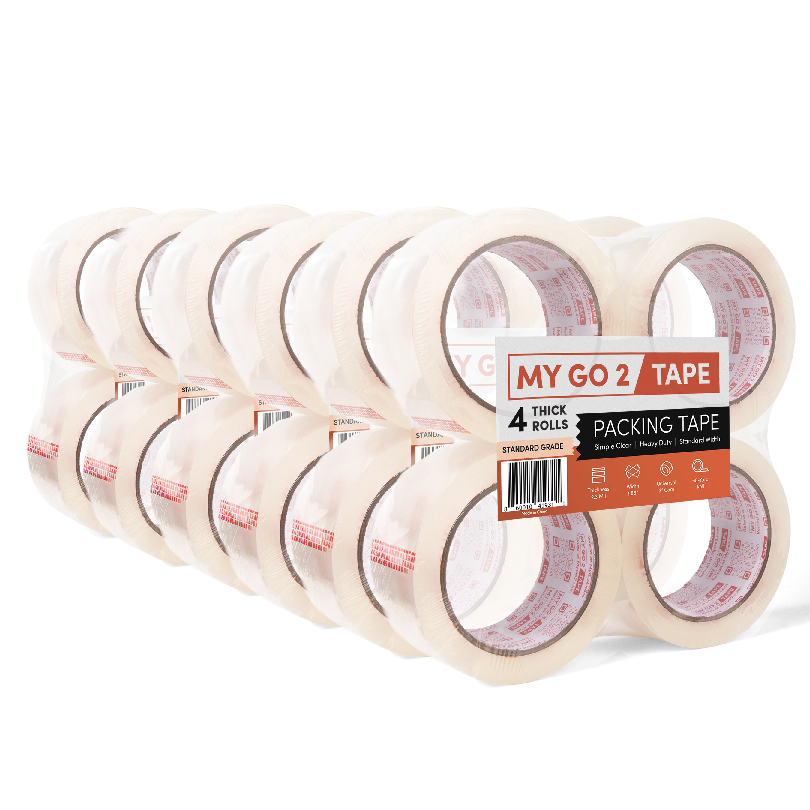 MY GO 2 Tape 24-Pack Clear Standard Grade Packing Tape - 2.3 Mil Thick, 1.88" Wide, 60 Yard Rolls