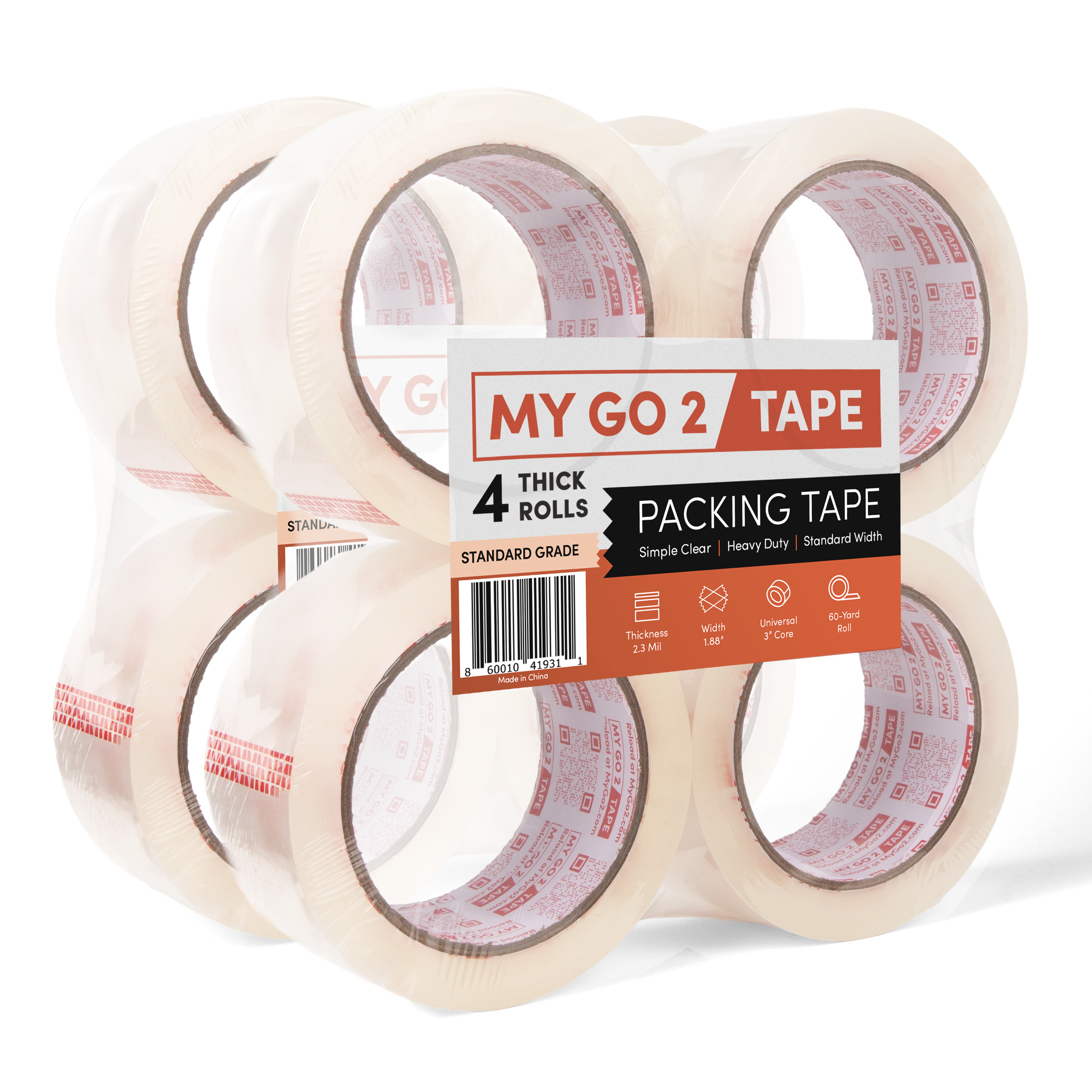 MY GO 2 Tape 8-Pack Clear Standard Grade Packing Tape - 2.3 Mil Thick, 1.88" Wide, 60 Yard Rolls